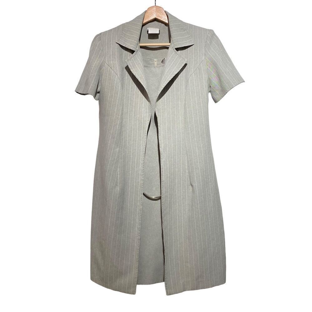 Vintage Two Piece Business Suit Sheath Academia Sage Green Pinstriped Suit Dress